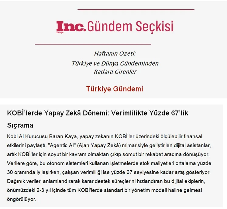 KOBİ’lerde Yapay Zekâ Dönemi: Verimlilikte Yüzde 67’lik Sıçrama (Inc. Türkiye Gündem Seçkisi 18.02.2026)