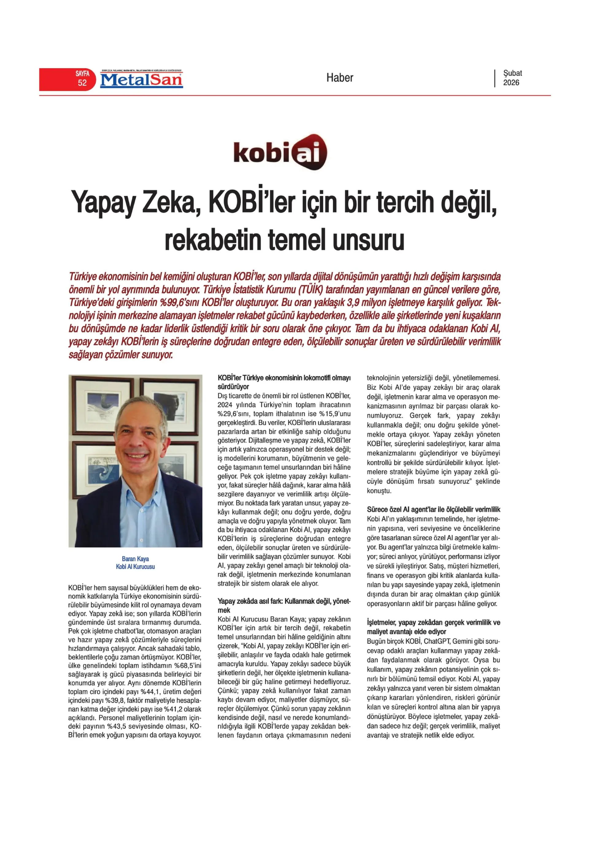Yapay Zeka, KOBİ’ler için bir tercih değil, rekabetin temel unsuru (Metalsan Haber Şubat 2026)