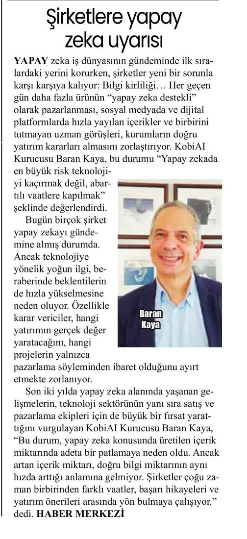 Şirketlere Yapay Zeka Uyarısı (Yeni Bakış Gazetesi 15.07.2026)